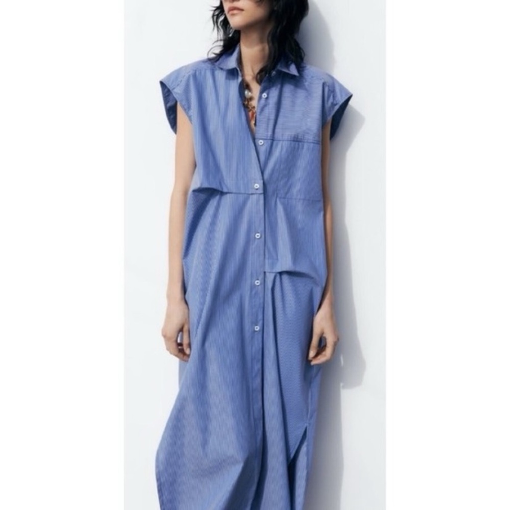 Zara Blue White Sleeveless Button-Down Oversized Midi Dress Size XS